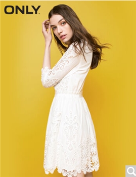 ONLY春季新品纯棉修身高腰镂空蕾丝连衣裙女L|116307501 021奶白 155/76A/XS
